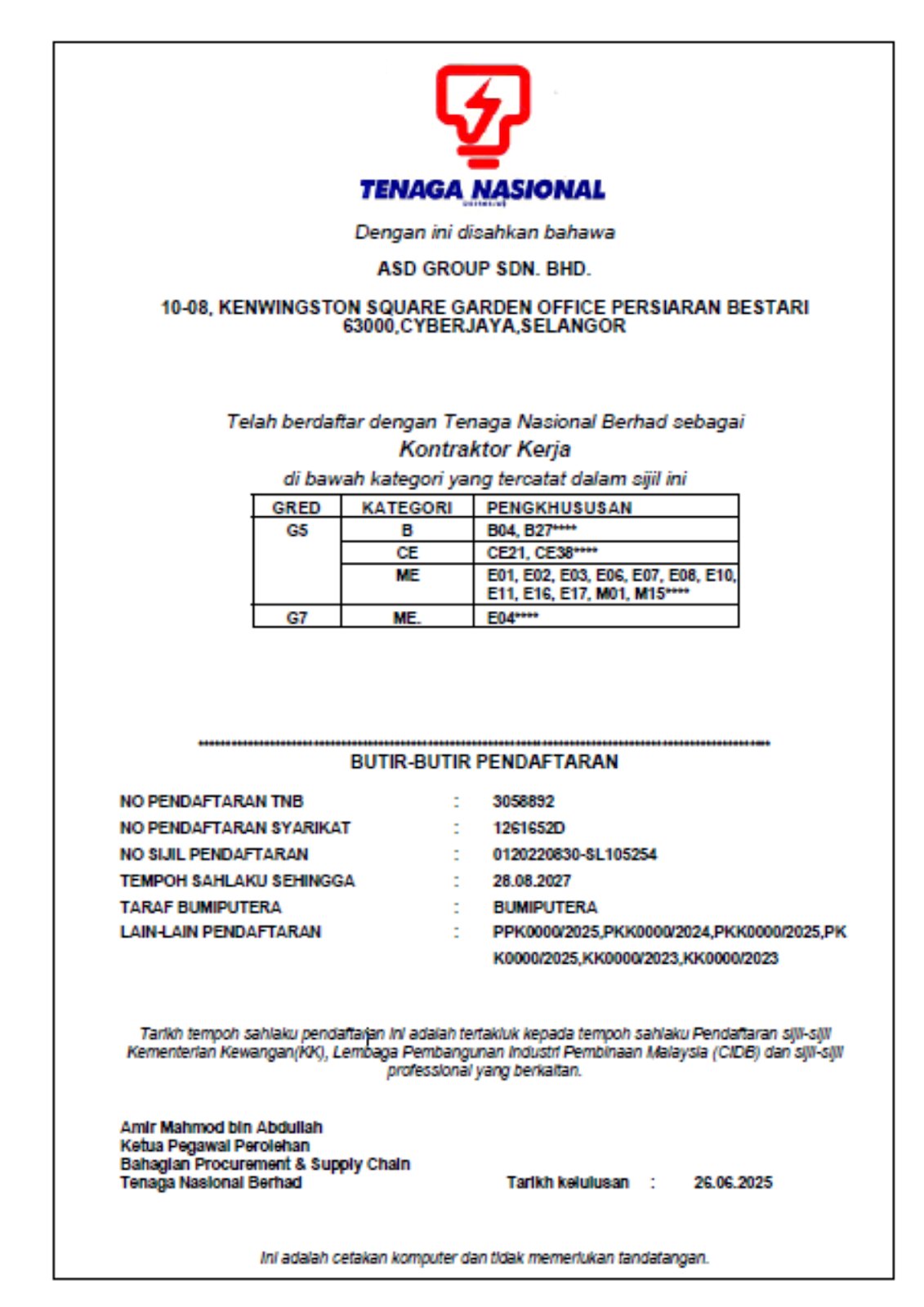 TNB vendor certificate